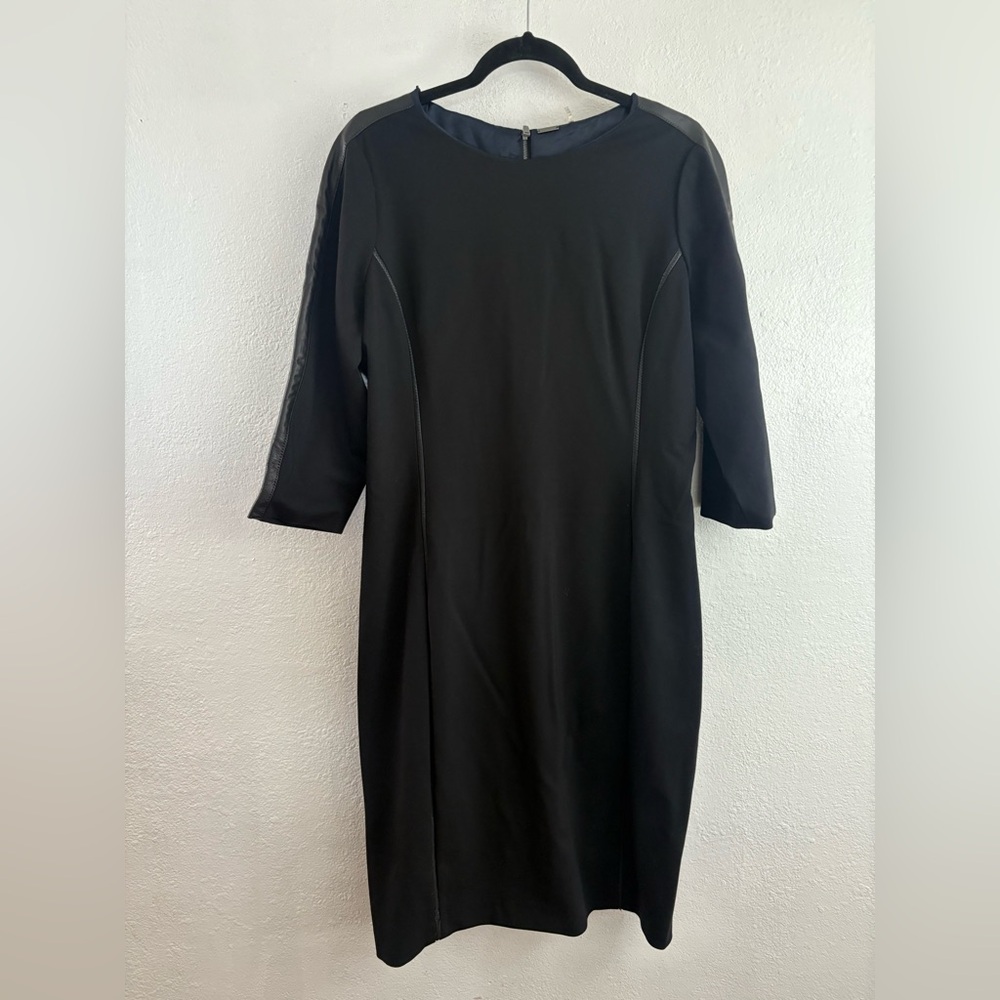 Elie Tahari Black long sleeve viscose blend Dress Lamb Leather Trims Size 14